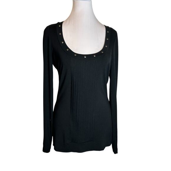 Calvin Klein Knit Top Womens Size S Black Stretch Scoop Neck Studs Whimsigoth - Picture 1 of 9